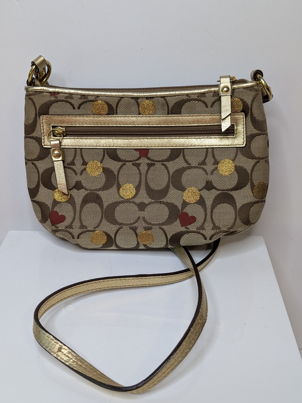 Coach Secret Admirer Brown Canvas Crossbody Bag W/Hearts And Polka Dots